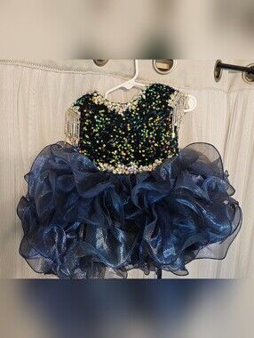 Sugar Kayne Infant 6m Navy Blue Sequin Pageant Dress with Beaded Shoulders